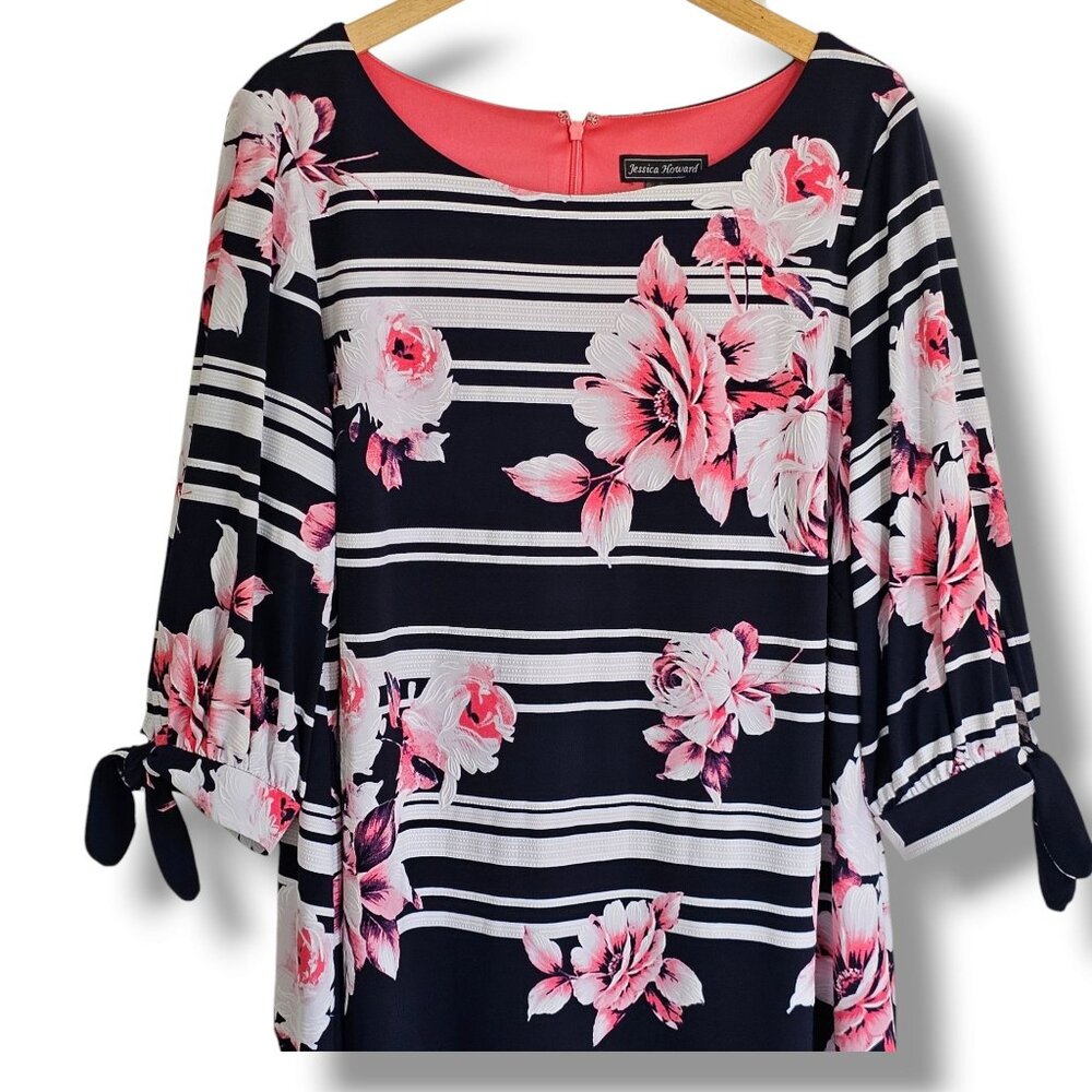 Jessica Howard Black White Striped Dress with Pink Floral Print - Picture 7 of 9